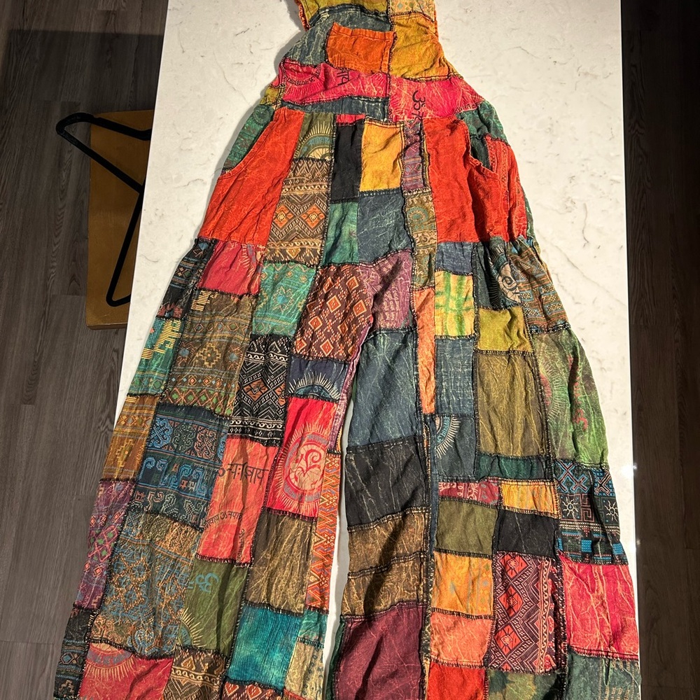 Bohemian Patchwork Wide-Leg Jumpsuit in Multicolor Overall